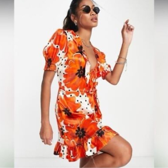 Topshop Orange Floral Mini Dress - Picture 2 of 8